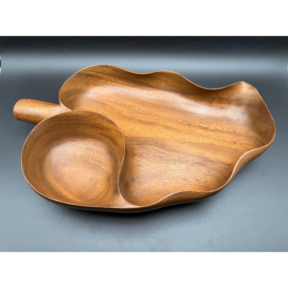 Vintage Signed House of Kalai Monkey Pod Wood Hawaii MCM 60s Divided Tray Bowl